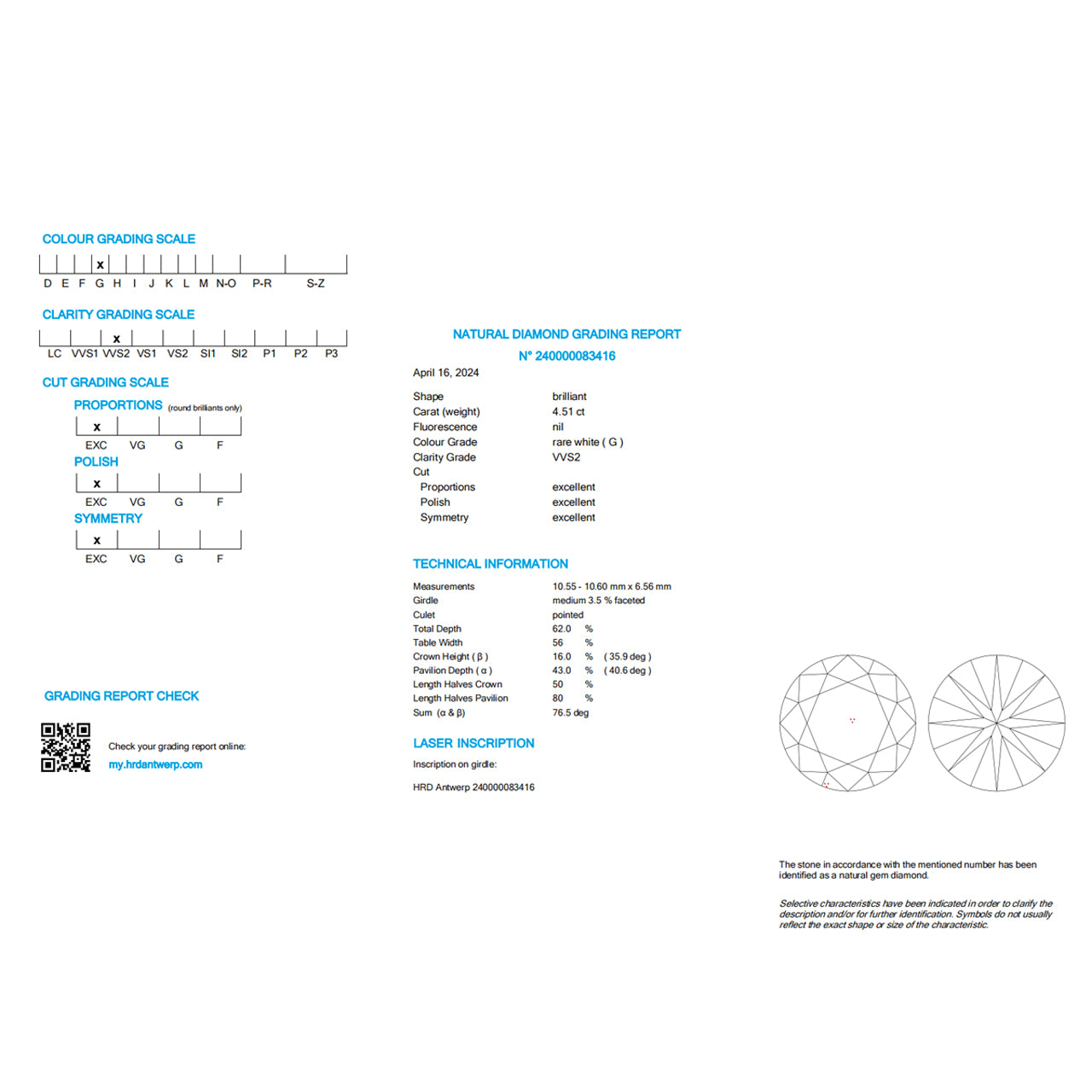 HRD Certified 4.51 Carat Round Diamond Excellent Cut - G Color - VVS2 Clarity