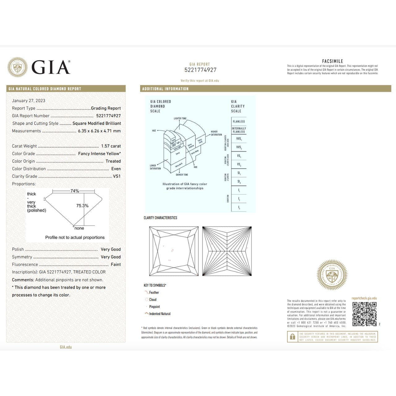 GIA Certified 1.57 Carat Enhanced Color Diamond - Fancy Intense Yellow - Princess Cut