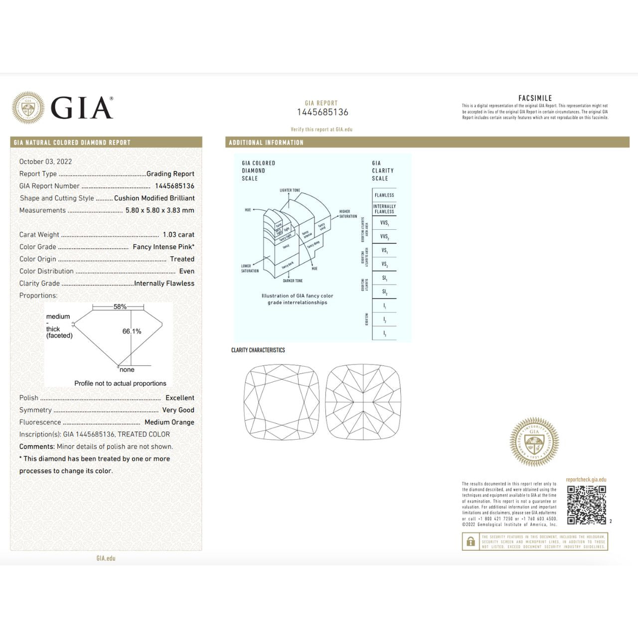 GIA Certified 1.03 Carat Enhanced Color Diamond - Fancy Intense Pink - Cushion