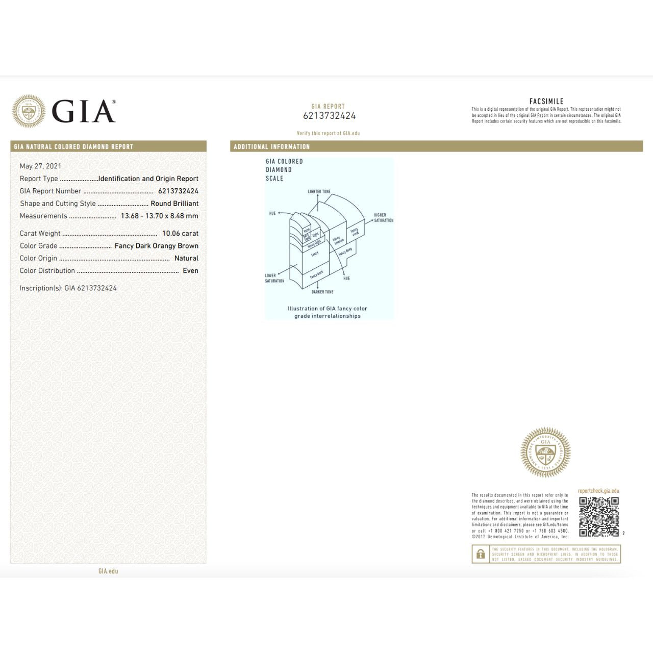 GIA Certified Fancy Dark Orangy Brown Diamond - Round Cut - 10.06 carats - Genuine Diamond