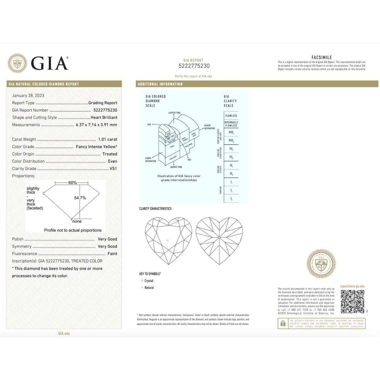 GIA Certified 1.01 Carat Enhanced Color Diamond - Fancy Intense Yellow - Heart Shape