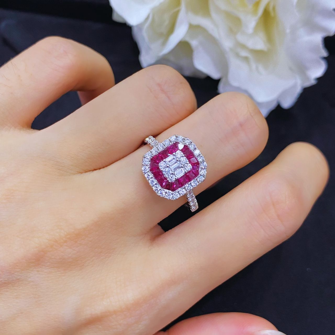 FIICCI Art Deco Natural Ruby And Diamond In 18K White Gold Engagement Ring