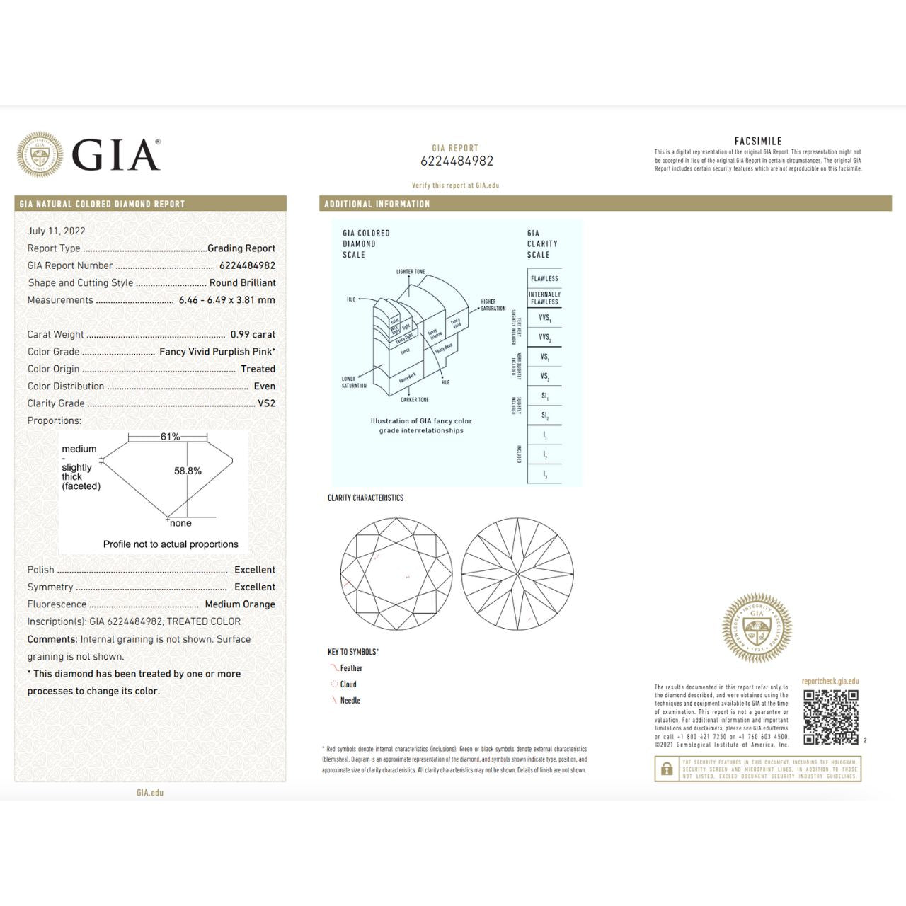 GIA Certified 0.99 Carat Enhanced Color Diamond - Fancy Vivid Purplish Pink - Round Brilliant