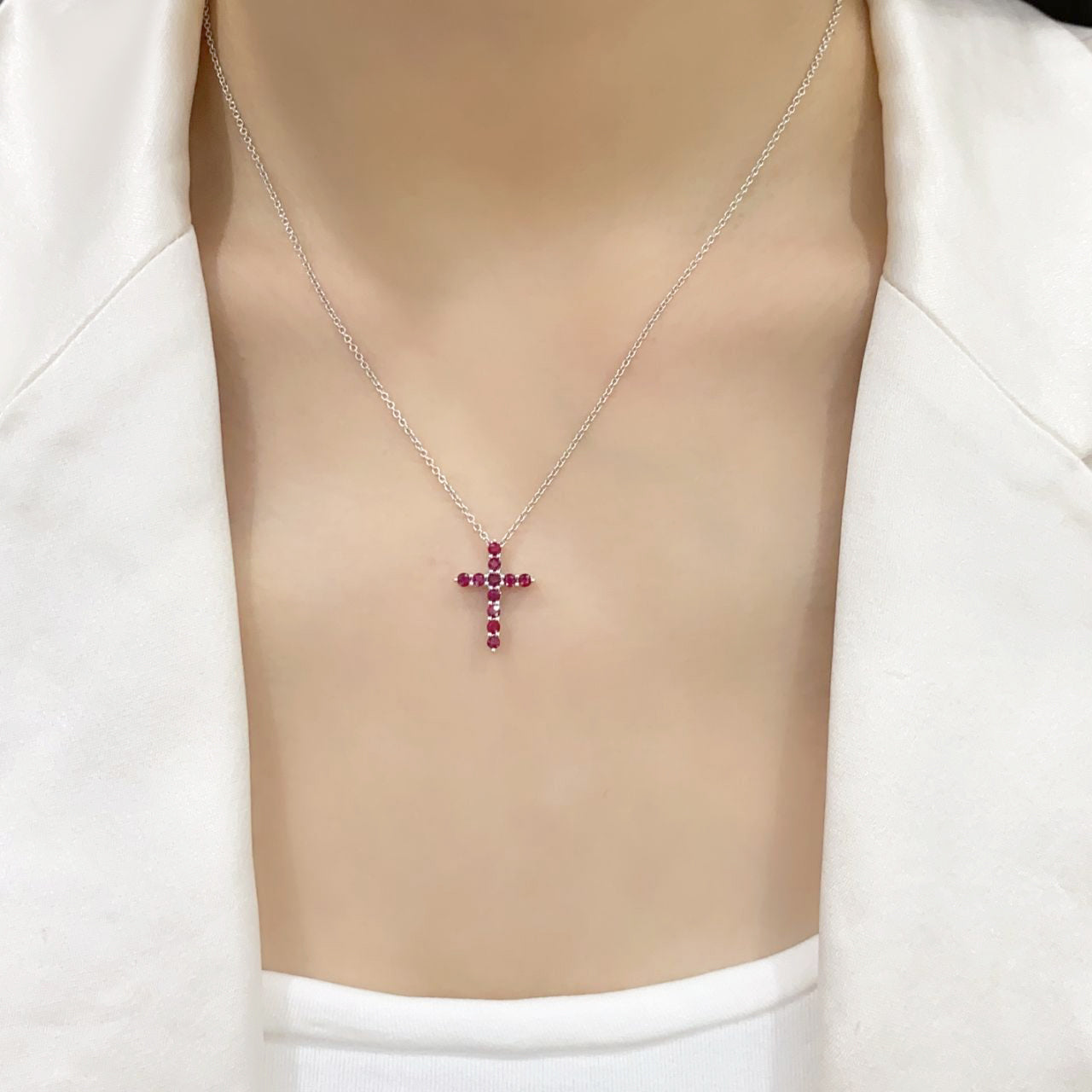 FIICCI Cross Natural Ruby In 18K White Gold Necklace