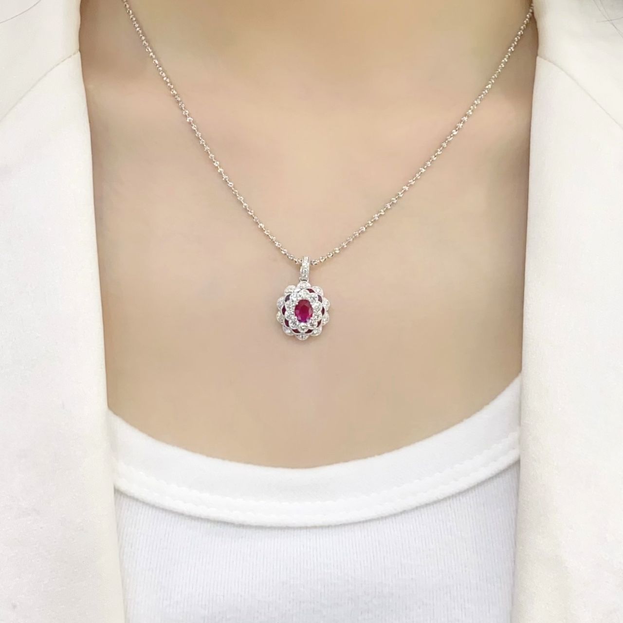FIICCI Camellia Diamond And Ruby In 18K White Gold Necklace