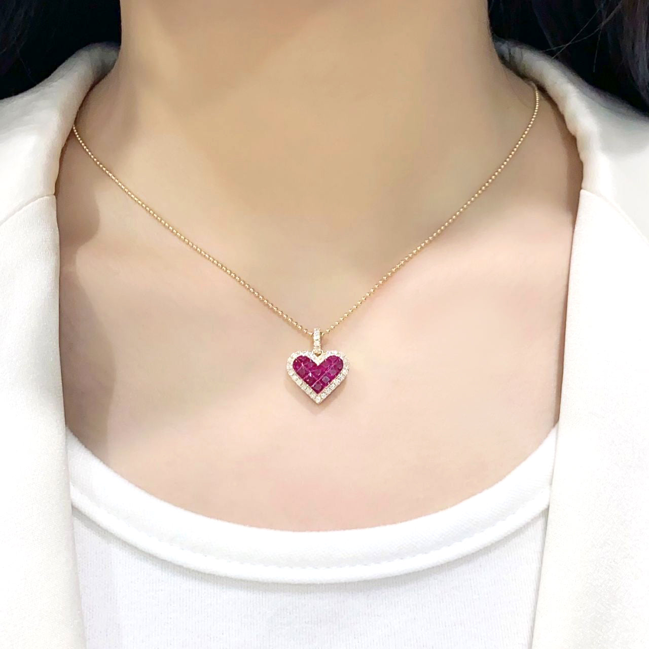 FIICCI Natural Diamond And Invisible Set heart Shape Ruby In 18K Yellow Gold Necklace