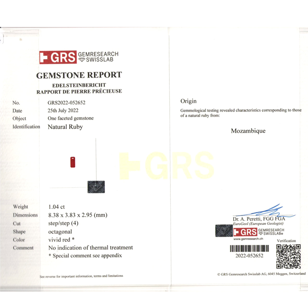 GRS Certified Loose Ruby - Unheated Step Cut Octagonal Shape - 1.04 carats - 8.38 x 3.83 mm