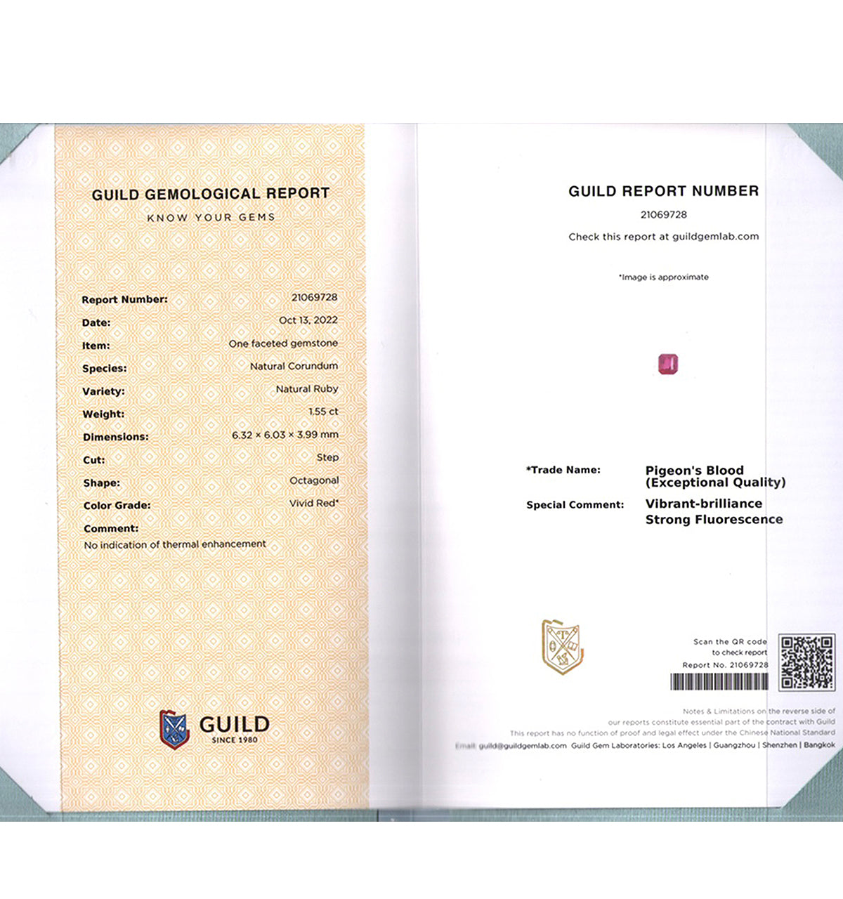 GUILD Certified Beautiful Vivid Red Unheated Ruby Gem - 1.55 carats - Octagonal Cut - 6.32 x 6.03mm
