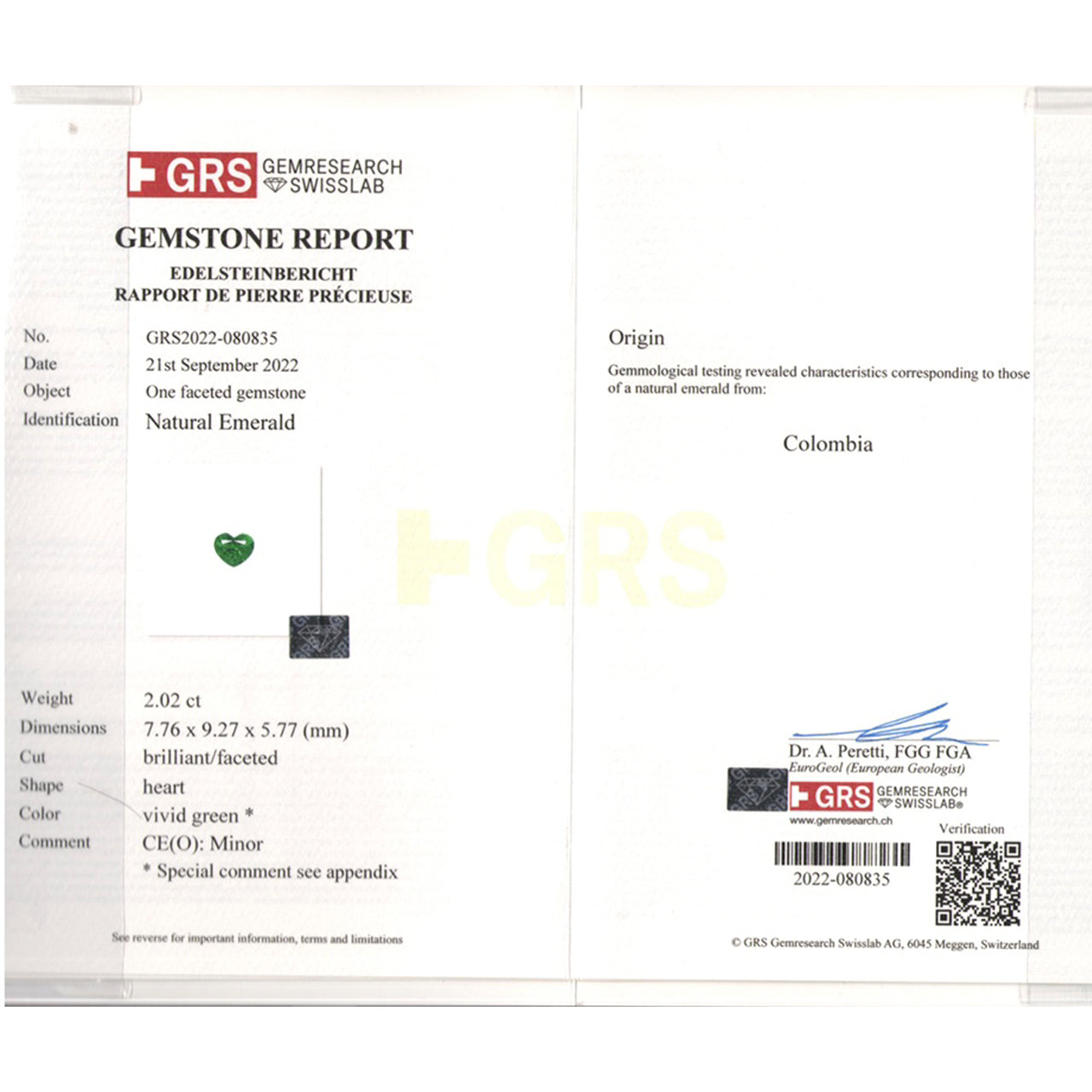 GRS Certified Genuine Colombia Muzo Emerald - Heart Shape Vivi Green - 2.02 carats - 9.76 x 9.27 mm
