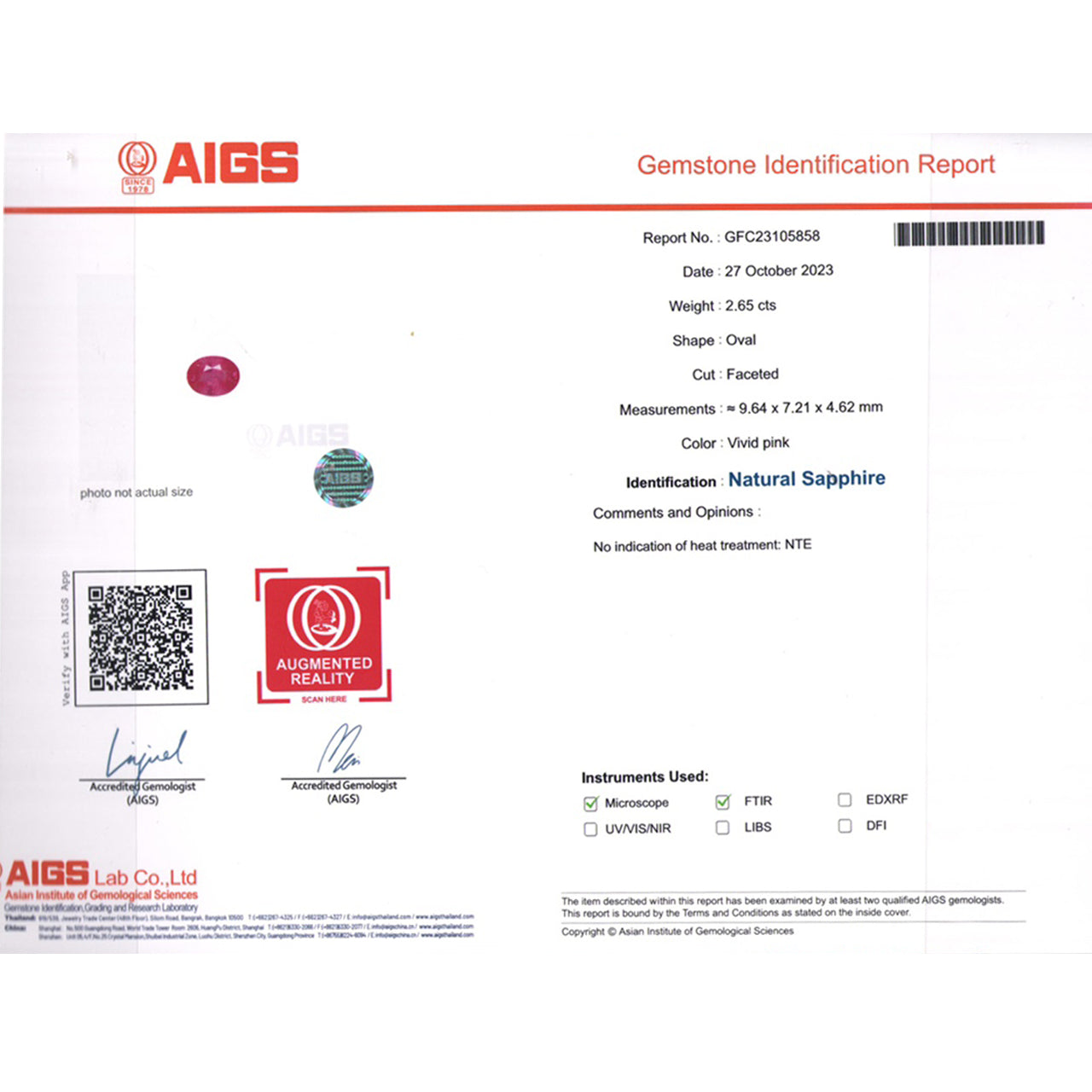 AIGS Certified Super Gem - Unheated Pink Sapphire - Oval Cut - 2.65 carats - 9.64 x 7.21 mm