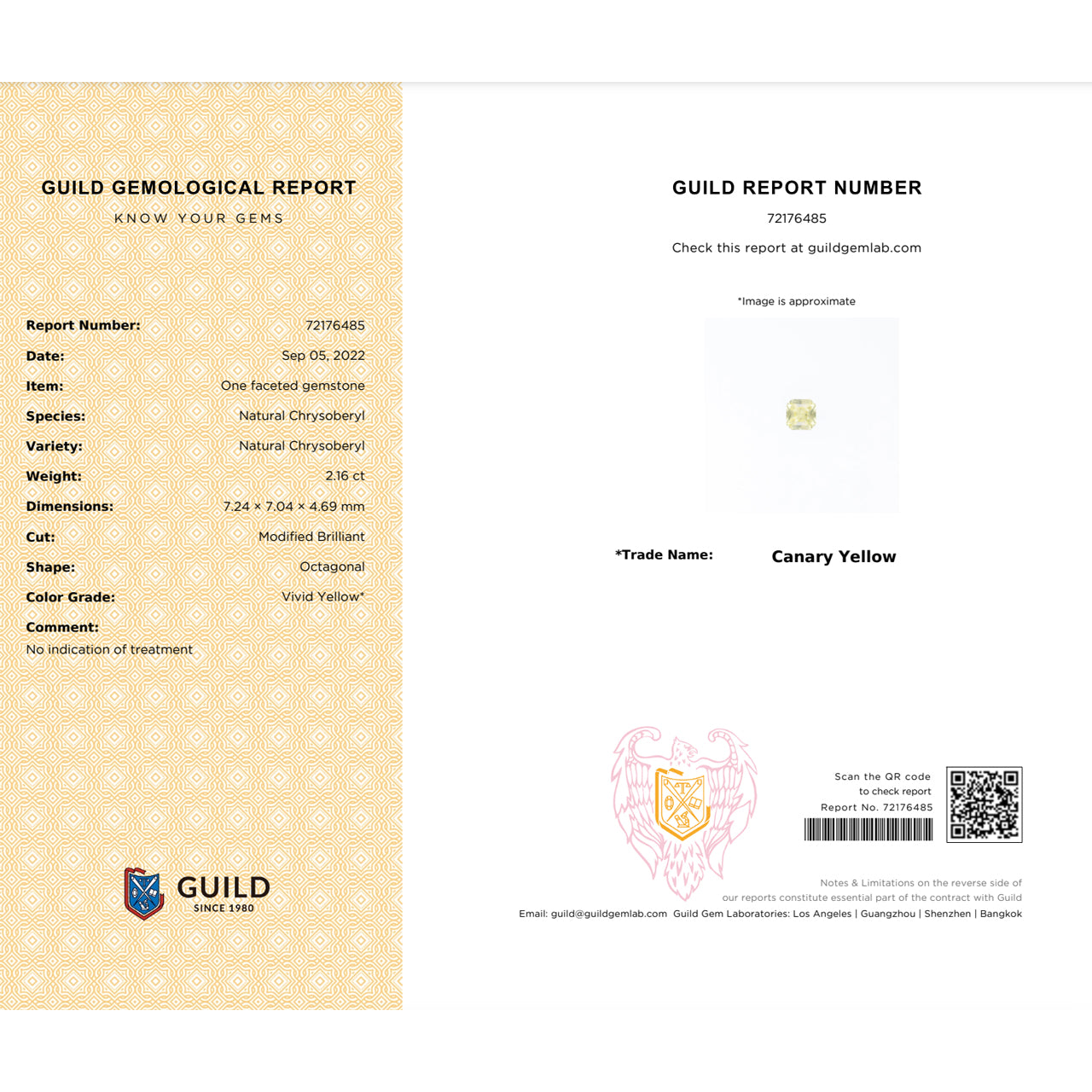 GUILD Certified 2.16 Carat Canary Yellow Chrysoberyl Stone, Octagonal, 7.24 x 7.04 mm