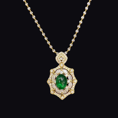 FIICCI Natural Diamond And Cabochon Emerald In 18K White Gold Necklace