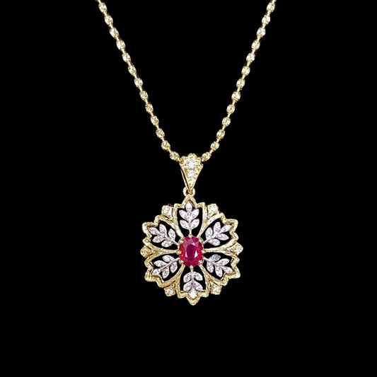 FIICCI Antique Flower Natural Ruby & Diamond In 18K Gold Necklace