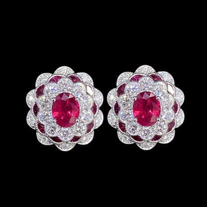 FIICCI Antique Natural Diamond And Ruby Earrings In 18K White Gold