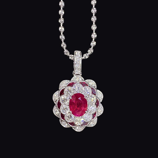 FIICCI Camellia Diamond And Ruby  In 18K White Gold Necklace