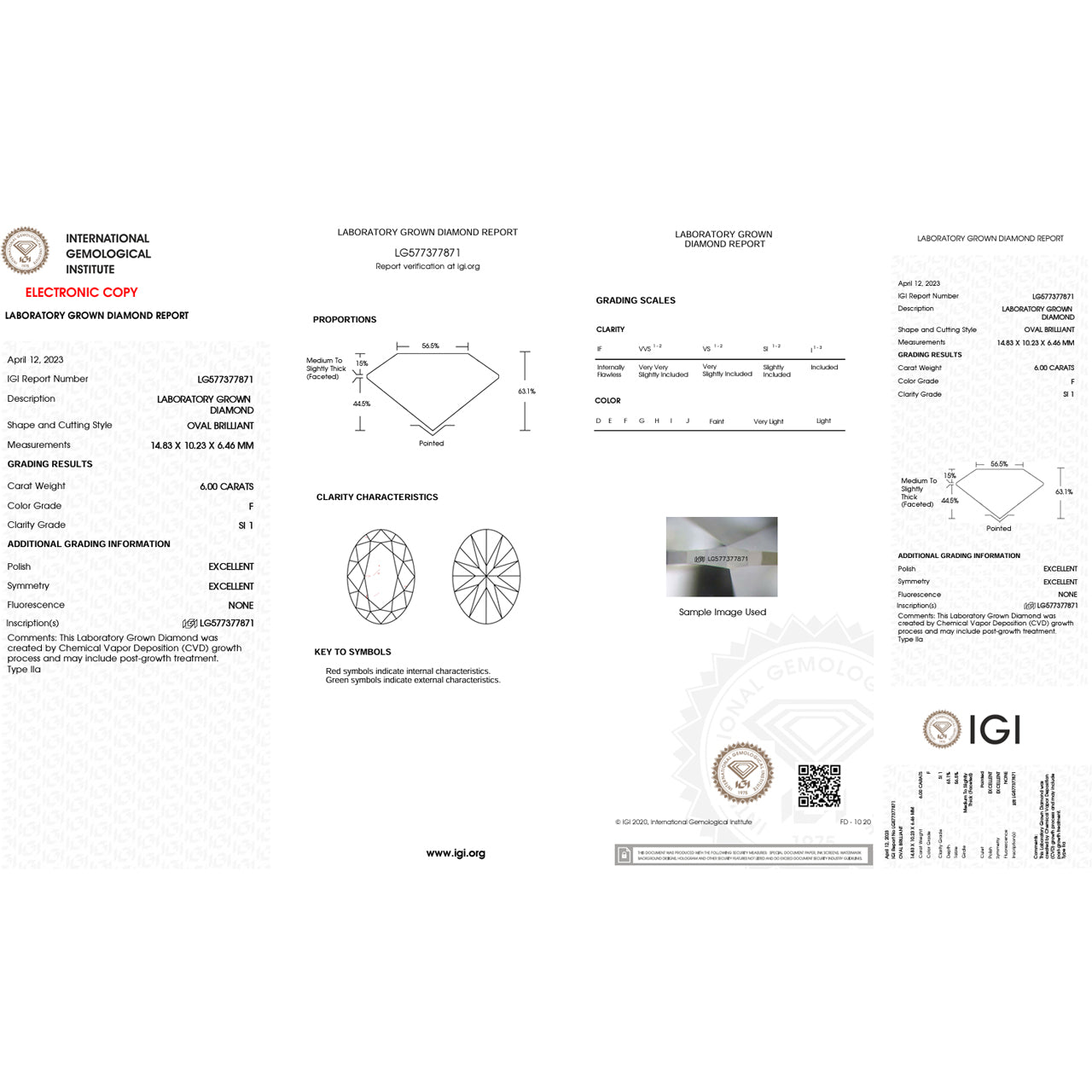 6.0 Carat Oval Lab Grown Diamond Oval Cut - F Color - SI1 Clarity -IGI Certified