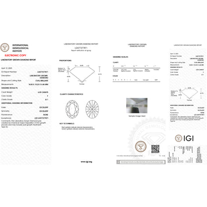 6.0 Carat Oval Lab Grown Diamond Oval Cut - F Color - SI1 Clarity -IGI Certified