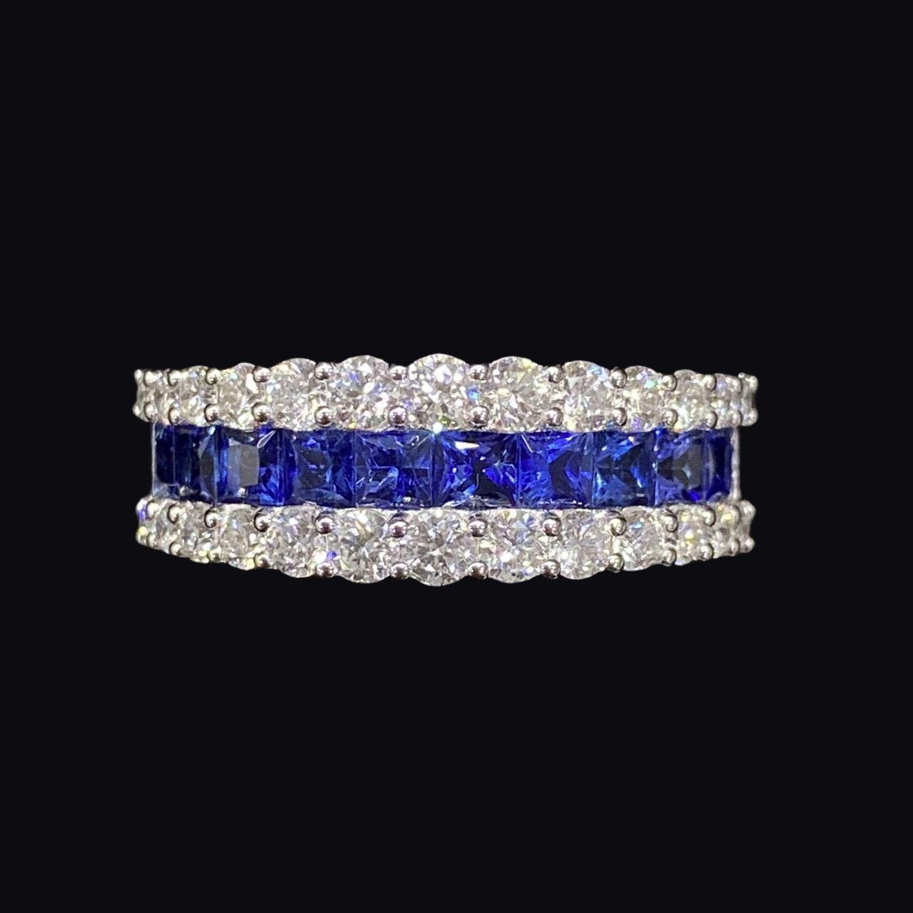 FIICCI Antique Princess Cut Royal Blue Sapphire And Diamond Wedding Band In 18K White Gold