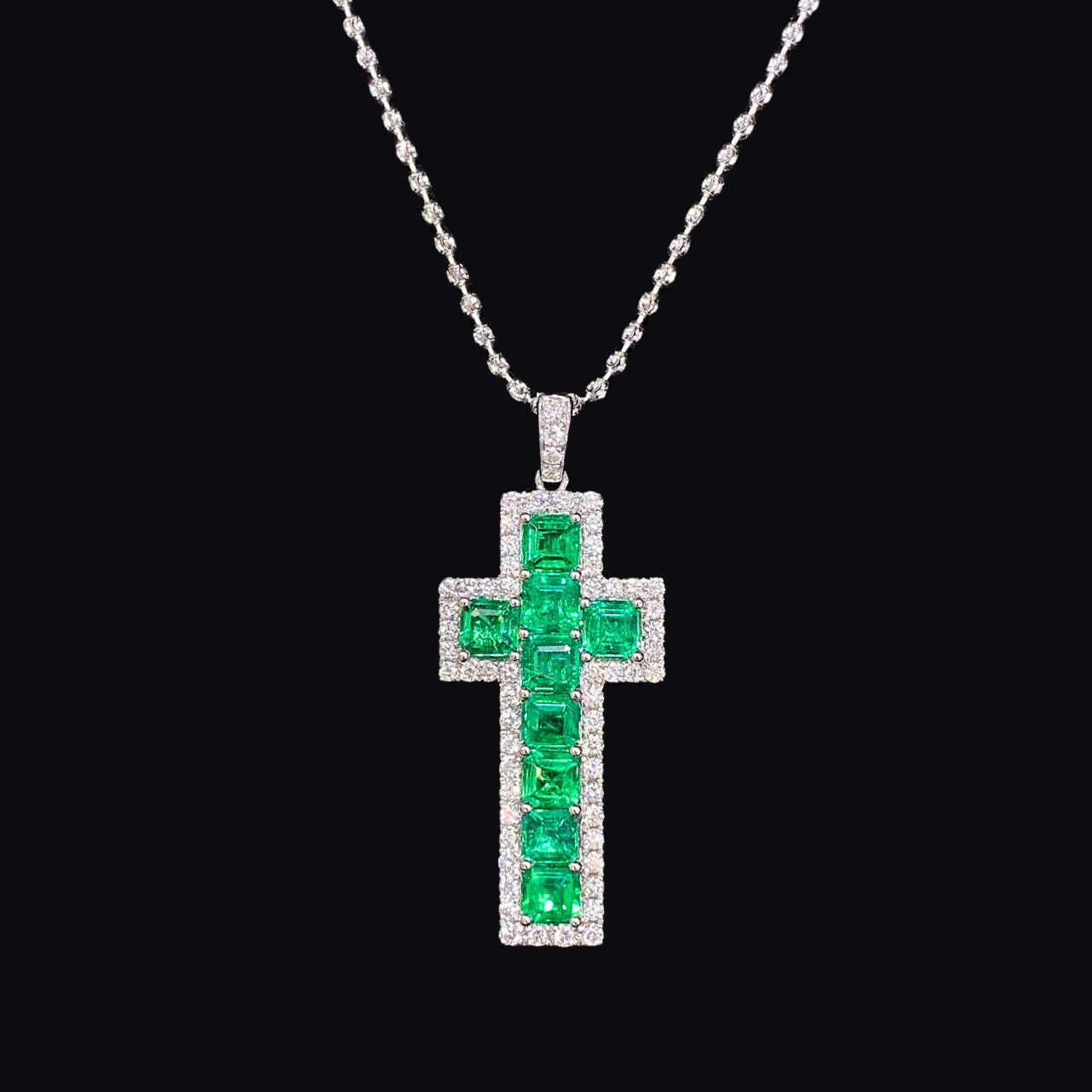 FIICCI Natural Diamond And Emerald In 18K White Gold Cross Necklace