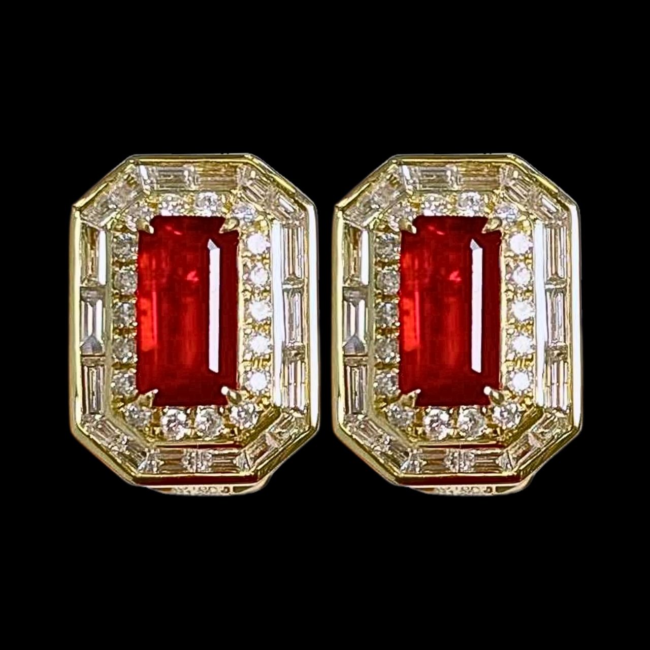 FIICCI Natural Diamond And Passion Ruby Earrings In 18K Yellow Gold