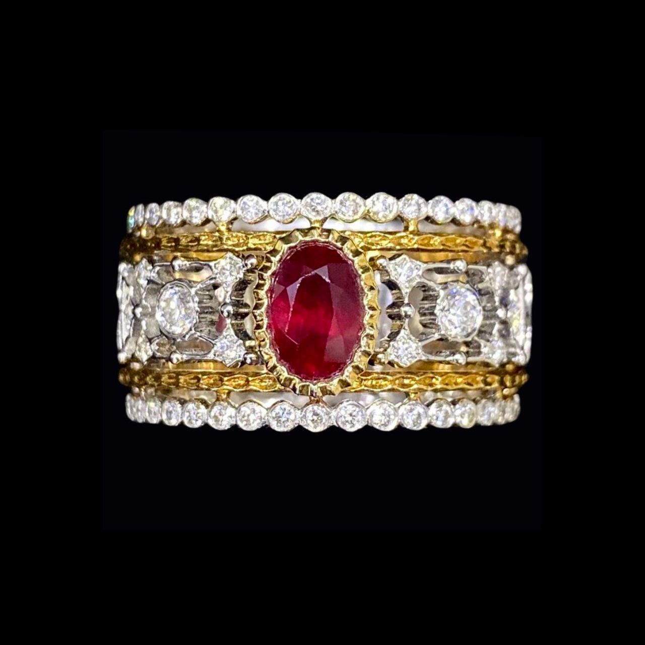 Vintage 18K Yellow White Gold Oval Ruby And Diamond Ring