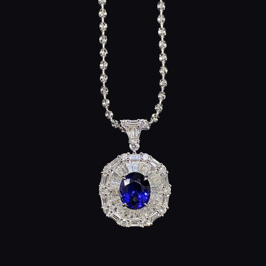 FIICCI Antique Diamond And Royal Blue Sapphire In 18K White Gold Necklace