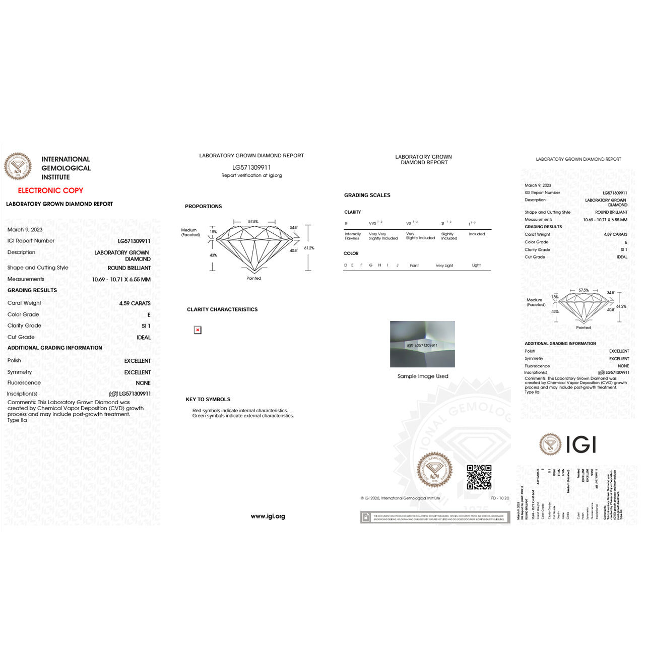 4.59 Carat Round Lab Grown Diamond Super Ideal Cut - E Color - SI1 Clarity -IGI Certified