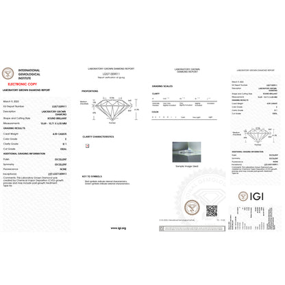 4.59 Carat Round Lab Grown Diamond Super Ideal Cut - E Color - SI1 Clarity -IGI Certified