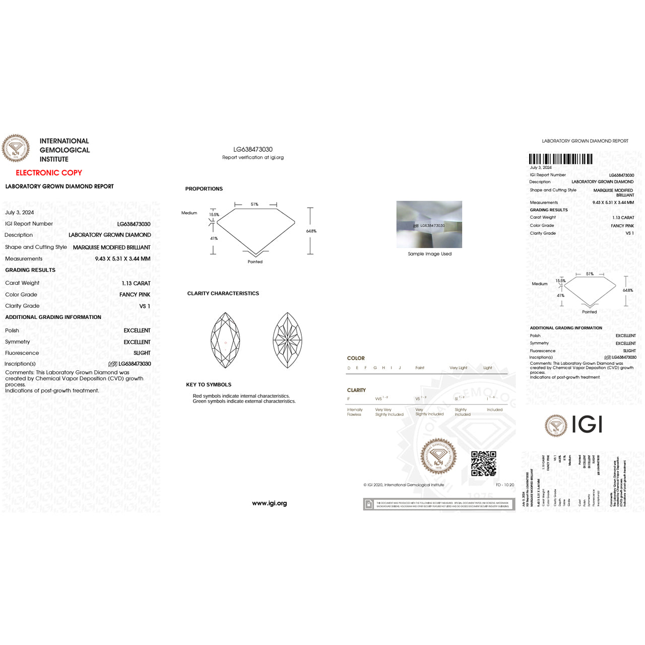 IGI Certified Marquise Diamonds - Fancy Pink - Lab Grown Diamond 1.13ct