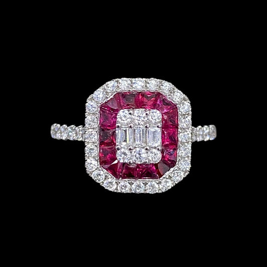 FIICCI Art Deco Natural Ruby And Diamond In 18K White Gold Engagement Ring