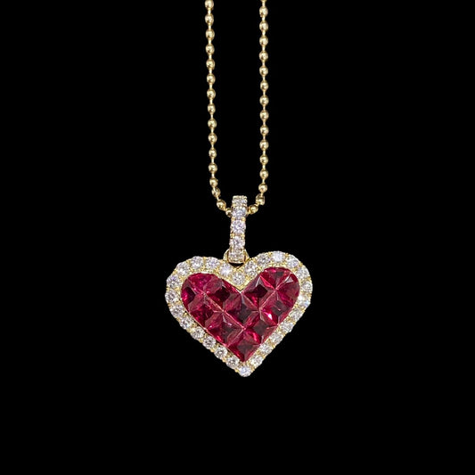 FIICCI Natural Diamond And Invisible Set heart Shape Ruby  In 18K Yellow Gold Necklace