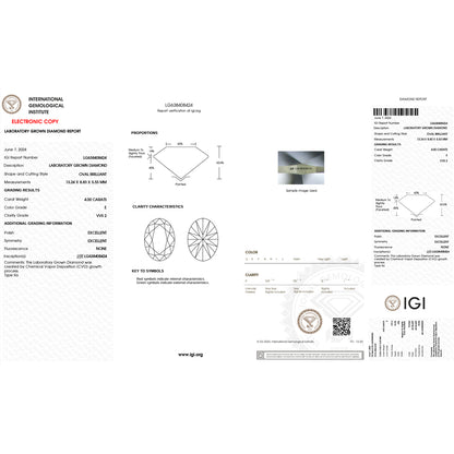 4.0 Carat Oval Lab Grown Diamond Oval Cut - E Color - VVS2 Clarity -IGI Certified