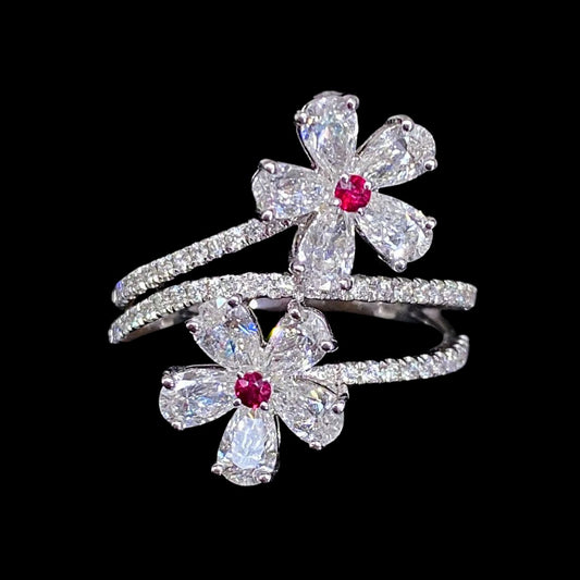 FIICCI Flower Natural Ruby And Diamond In 18K White Gold Engagement Ring