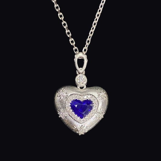 FIICCI Natural Diamond And Heart Shape Royal Blue Sapphire In 18K White Gold Necklace