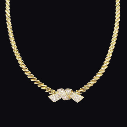 FIICCI Luxury 18K Yellow Gold and Diamond Ribbon Necklace