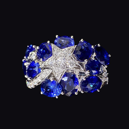 FIICCI Royal Blue Sapphire And Star Diamond Triple Cluster Ring In 18K White Gold