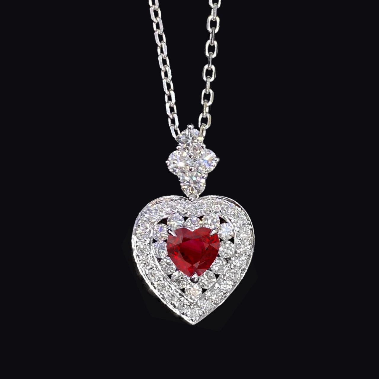 FIICCI Diamond And Heart Shape Ruby  In 18K White Gold Necklace