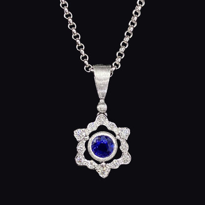 FIICCI  Diamond And Royal Blue Round Sapphire In 18K White Gold Necklace