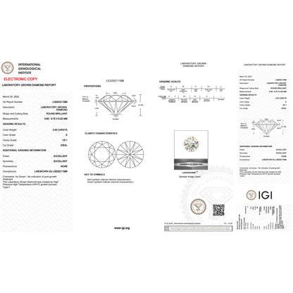 3.5 Carat Round Lab Grown Diamond Super Ideal Cut - E Color - VS1 Clarity -IGI Certified