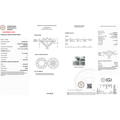 3.01 Carat Round Lab Grown Diamond Excellent Cut - E Color - VS1 Clarity -IGI Certified