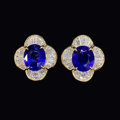 FIICCI Natural Diamond And Royal Blue Sapphire Earrings In 18K Yellow Gold