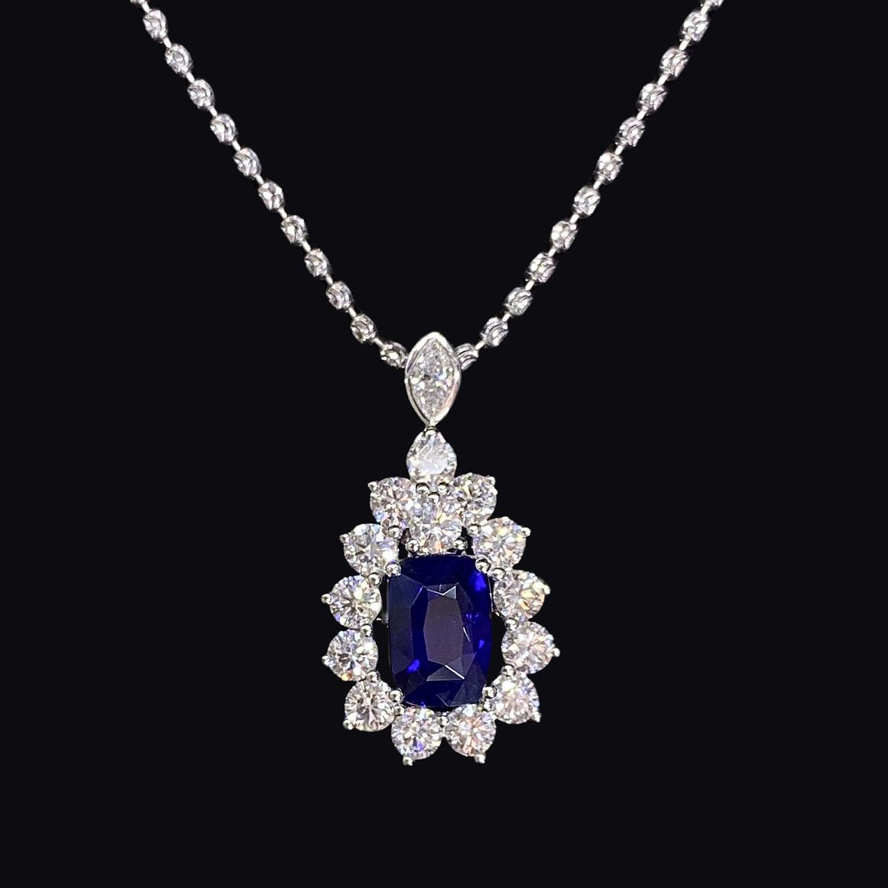 FIICCI Natural Diamond And Cushion Royal Blue Sapphire In 18K White Gold Necklace