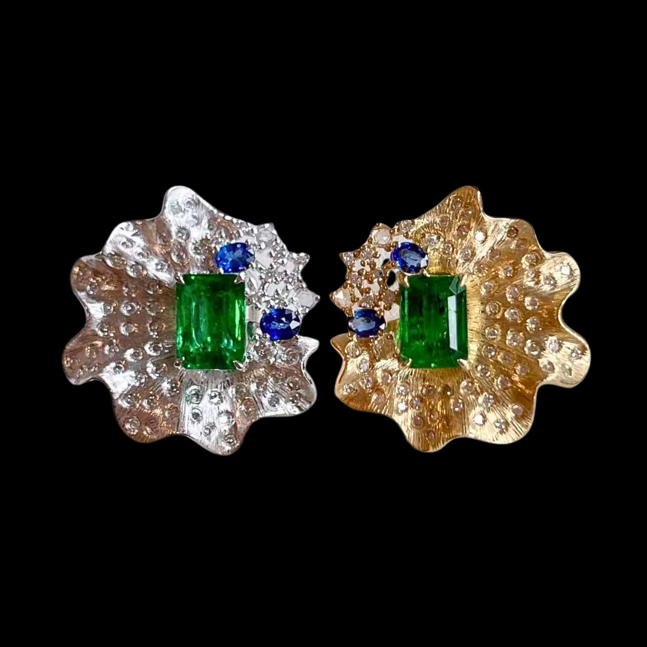 FIICCI Antique Natural Diamond And Emerald Stud Earrings In 18K Yellow White Gold