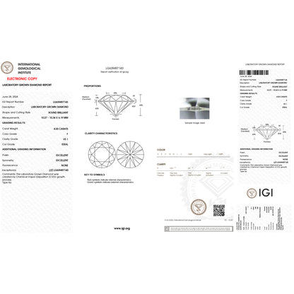 4.0 Carat Round Lab Grown Diamond Super Ideal Cut - F Color - VS1 Clarity -IGI Certified