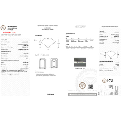 Lab Emerald Cut Diamonds - Fancy Vivid Blue - Lab Grown Diamond 1.09ct