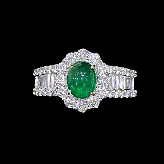 FIICCI Antique 18K White Gold Cabochon Emerald And Diamond Engagement Ring