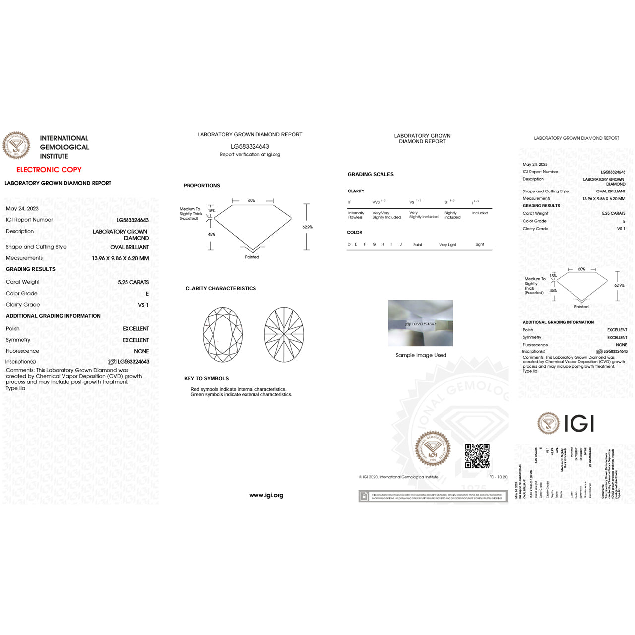 5.25 Carat Oval Lab Grown Diamond Oval Cut - E Color - VS1 Clarity -IGI Certified