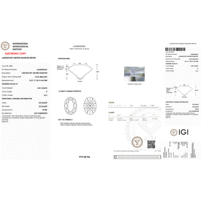 2.0 Carat Oval Lab Grown Diamond Oval Cut - D Color - VS2 Clarity -IGI Certified