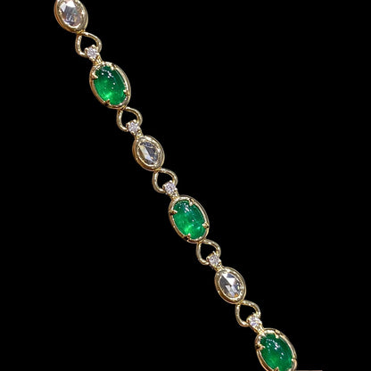 FIICCI Art Deco Cabochon Vivid Green Emerald And Diamond In 18K Yellow Gold Bracelate