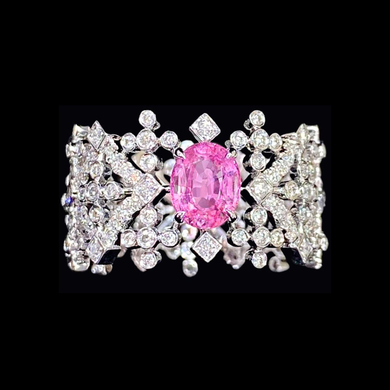 Vintage 18K White Gold Oval Pink Sapphire And Diamond Ring